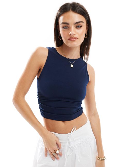 Stradivarius Blue Boat Neck Top With Ruched Detail