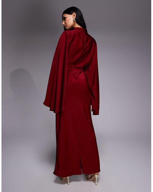 ASOS Red Funnel Neck Satin Maxi Dress With exaggerated Sleeves