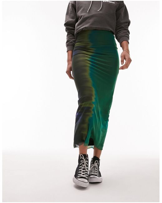 TOPSHOP Green Placement Print Midi Jersey Skirt