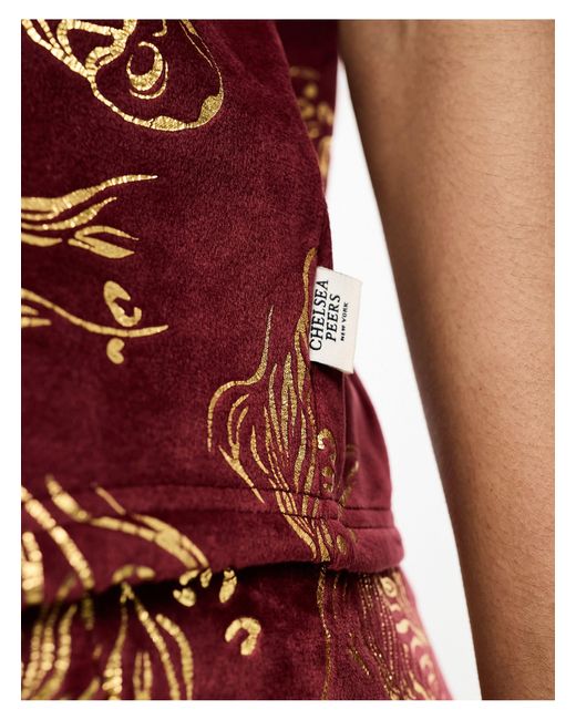 Chelsea Peers Red Premium Christmas Velvet Gold Foil Zebra Print Revere Top And Short Pyjama Set