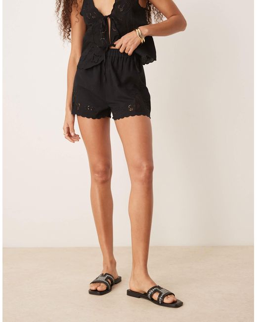 ASOS Natural Blake Broderie Linen Blend Beach Short With Linen
