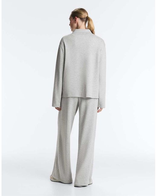 Oysho Gray Mélange Piqué Long-Sleeve Polo Shirt