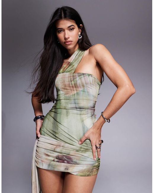 ASOS Gray Mesh One Shoulder With Drape Detail Mini Dress