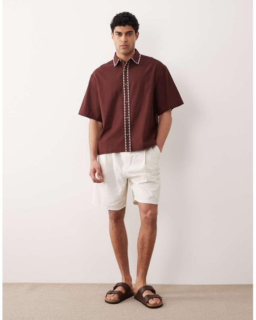 ASOS Red Boxy Oversized Shirt With Linen And Embroidery for men