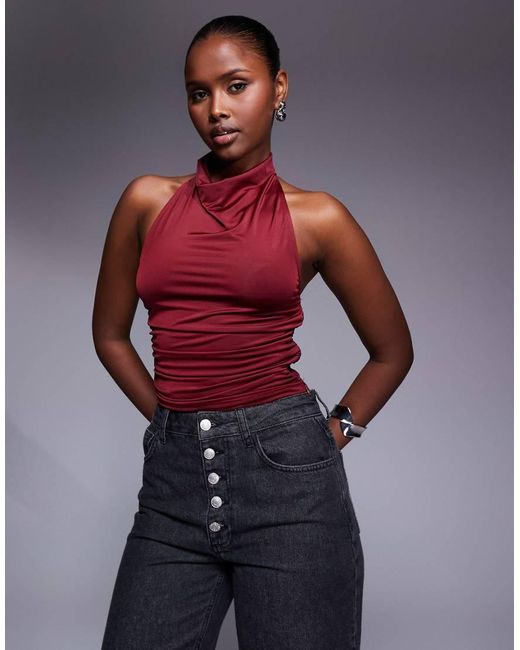 Princess Polly Red Imposter Slinky High Neck Halterneck Top