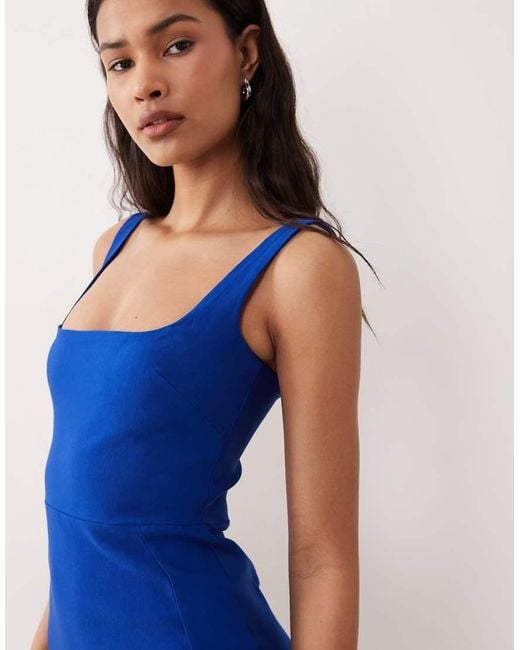 Vesper Blue Bengaline Sleeveless Square Neck Fishtail Midi Dress