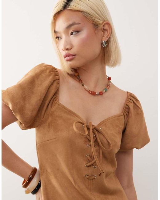 Reclaimed Vintage Natural Festival Lace Up Faux Suede Mini Dress