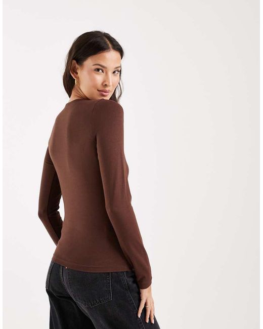 ASOS Brown Cotton Elastane Long Sleeve Crew Neck Tee