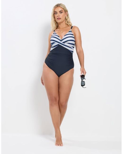 Yours Clothing Blue Stripe Plunge Swimsuit