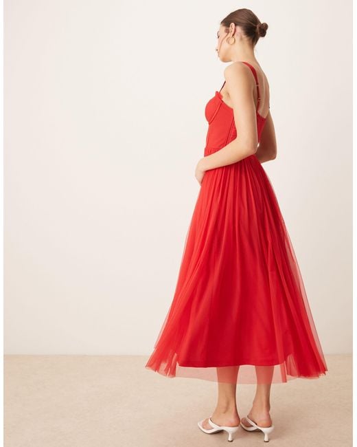 lace and beads red tulle dress Lace and Beads tulle mini dress with frill detail in red