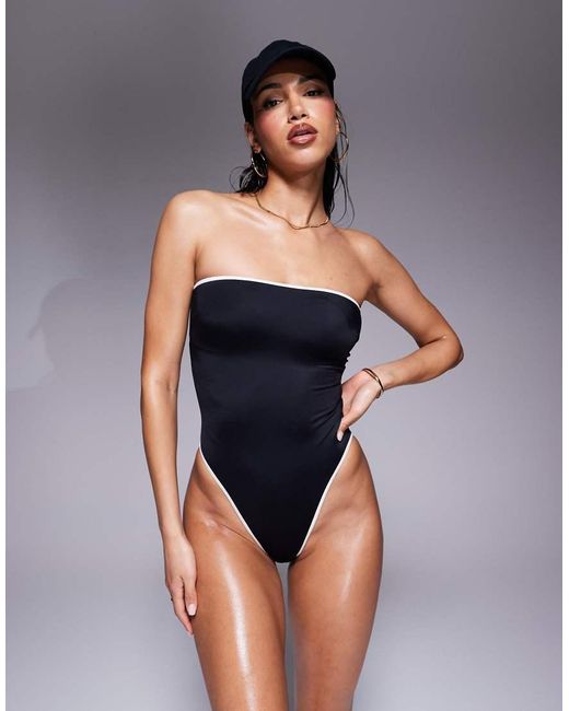 ASOS Bandeau Badpak Met Vulling En Contrasterende Randjes in het Blue