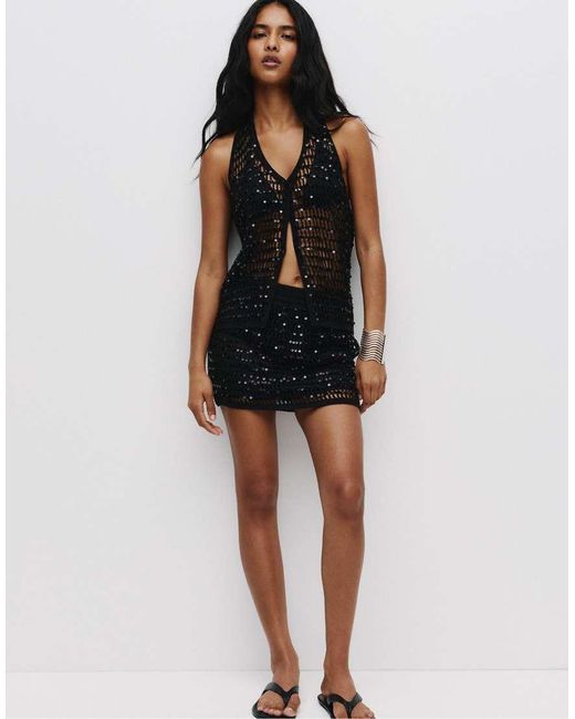 Pull&Bear Gehaakte Mini Rok Met Lovertjes in het Black