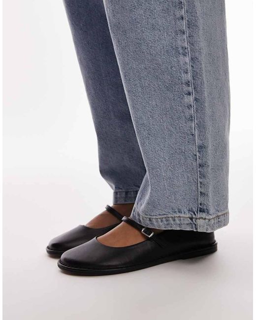 TOPSHOP Blue Bonny Premium Leather Round Toe Ballet Shoes