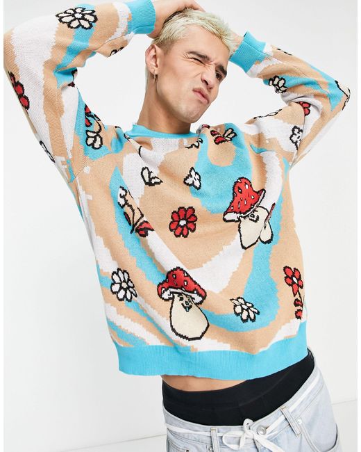 ASOS Cotton Knitted Jumper With Swirly Mushroom Pattern in Blue for Men