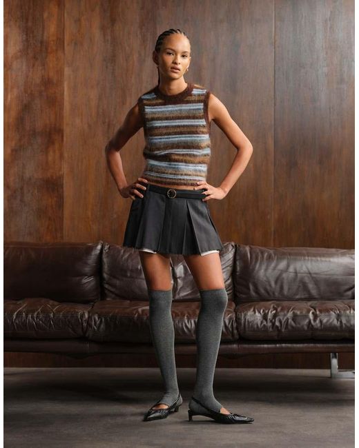 Monki Brown Pleated Mini Skirt With Frayed Edge And Pocket Detail