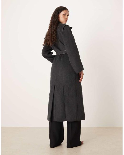 SNDY'S Multicolor Wool Look Faux Leather Trim Collared Belted Double Breasted Maxi Coat
