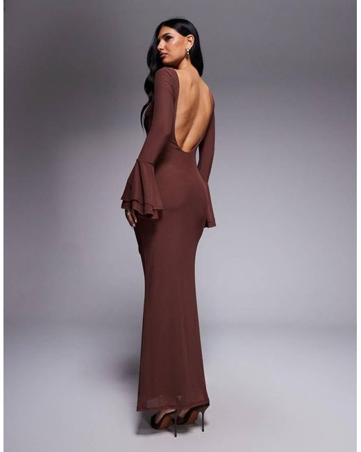 ASOS Purple Mesh Flute Sleeve Maxi With Plunge Back Detail Dress