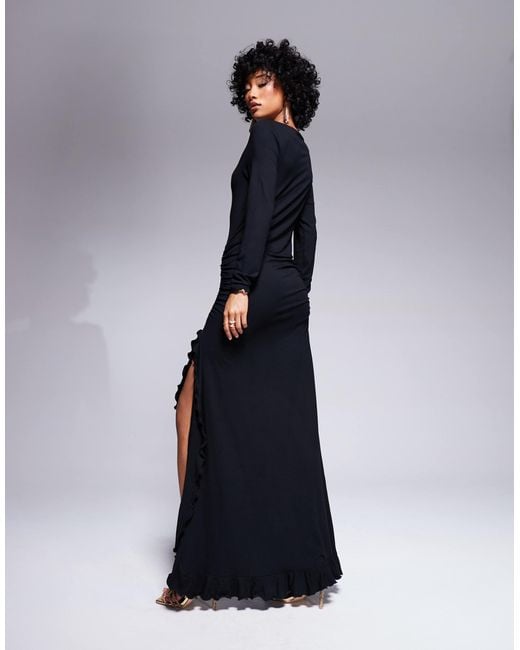 ASOS Long Sleeve Ruffle Detail Maxi Dress With Full Skirt in Blue | Lyst