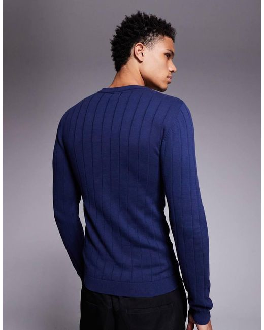 ASOS Blue Muscle Fit Long Sleeve Knitted Rib T-shirt for men