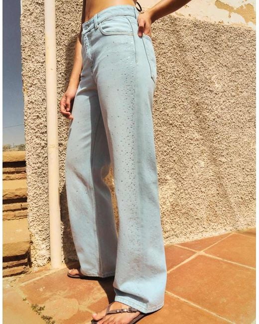 Bershka Blue High-waist Shimmery Straight-leg Jeans