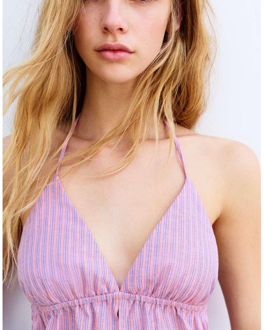 Pull&Bear Blue Striped Linen Blend Halter Top
