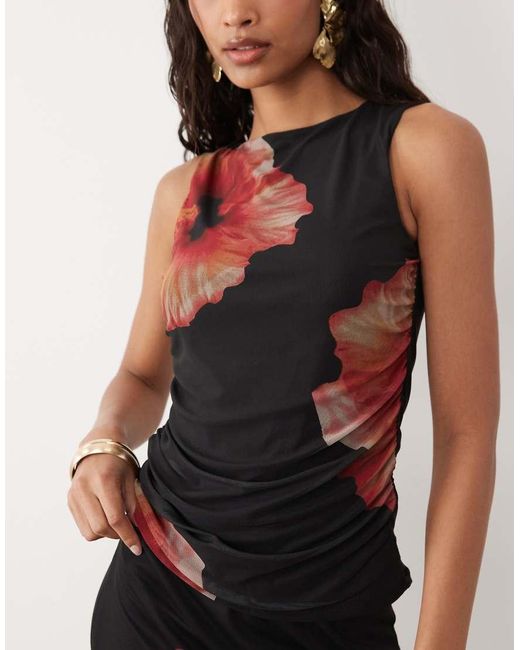 Jdy Black Sleeveless Ruched Mesh Top With Floral Print