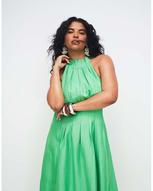 Forever New Green Linen Blend Pleat Detail Halter Neck Midi Dress
