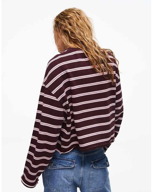 Bershka Red Striped Round Neck Sweatshirt