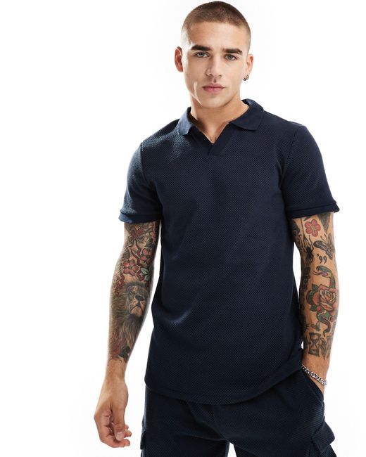 Brave Soul Blue Heavyweight Textured Polo for men