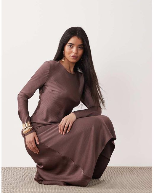 Mango Purple Round Neck Satin Long Sleeve Maxi Dress