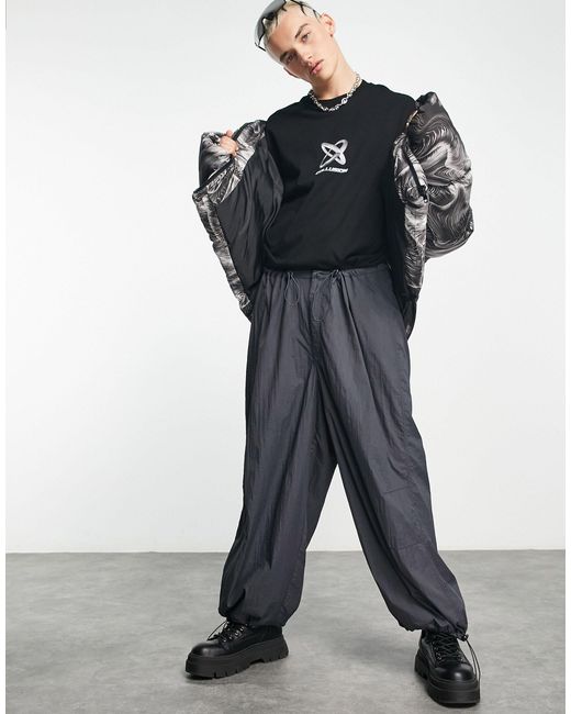 Collusion Black Oversized Crinkle Parachute Cargo Pants for men