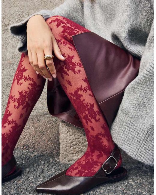 Medias De 40 Deniers Con Patrón Floral De Encaje De -Rojo Lindex de color Red