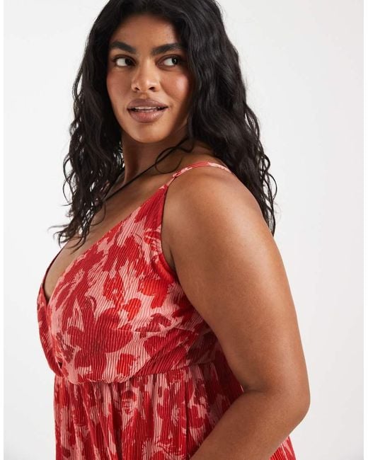 Pieces Plus Red Pieces Curve Wrap Detail Cami Plisse Maxi Dress
