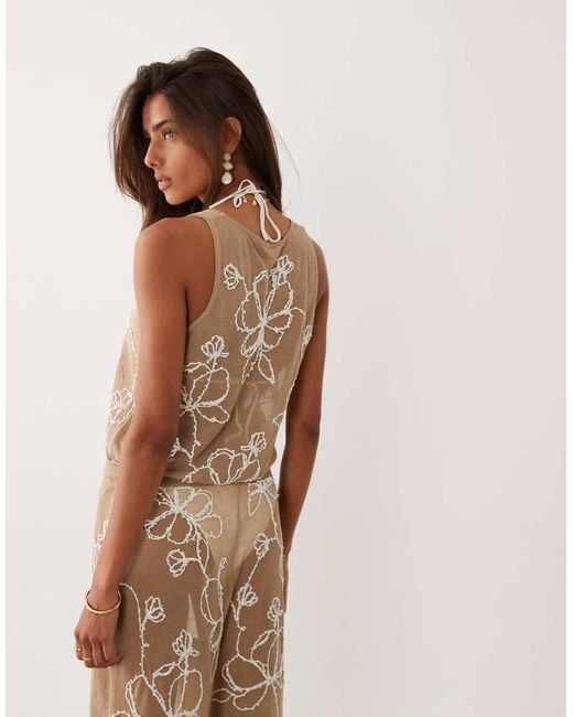 Miss Selfridge Natural Beach Premium Sheer Knit Embroidered Crop Vest Top