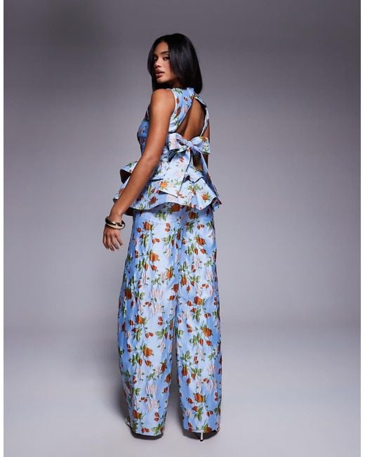 ASOS Jacquard Broek Met Wijde Ronde Pijpen En Capri Bloemenprint, Deel Van Co-Ord Set in het Blue