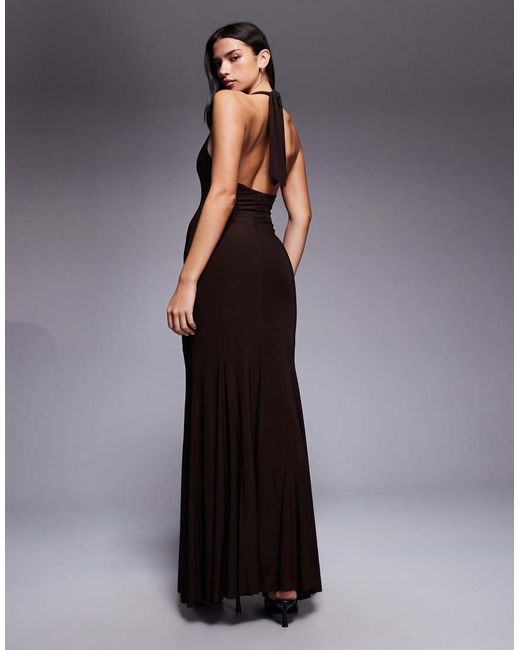 Fashionkilla Blue Exclusive Double Sculpted Slinky Plunge Halterneck Godet Hem Maxi Dress