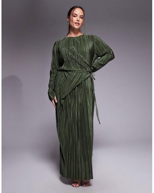 ASOS Green Asos Design Curve Plisse Long Sleeve Wrap Tie Waist Maxi Dress