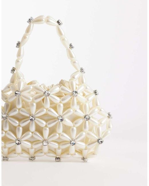 River Island Natural Flower Pearl Beaded Grab Bag