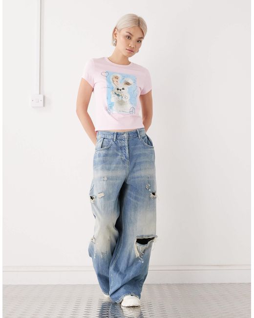 T-shirt effet rétréci à motif lapin Collusion en coloris White