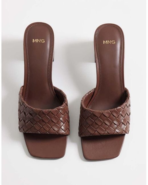 Mango Brown Faux Leather Braided Block Heeled Mules