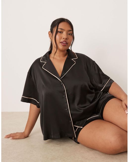 ASOS Black Oversized Satin Short Sleeve Shirt & Short Pyjama Set