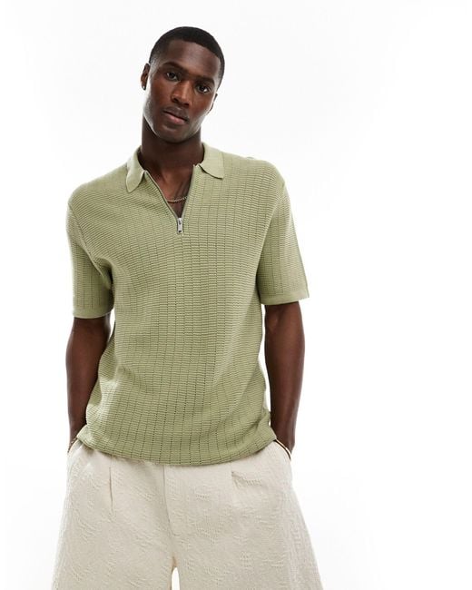Only & Sons Green Half Zip Open Knit Polo for men