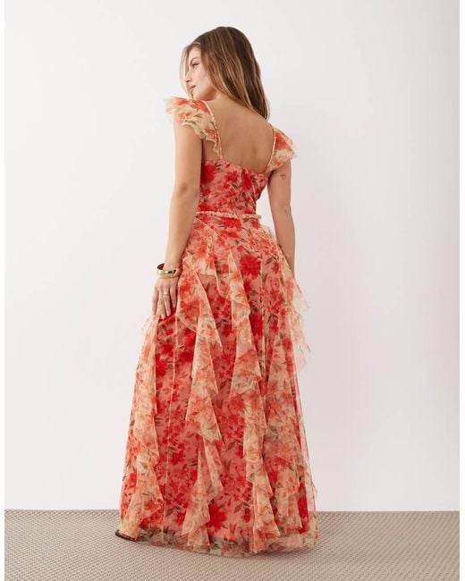 LACE & BEADS Red Tulle Ruffle Detail Maxi Dress