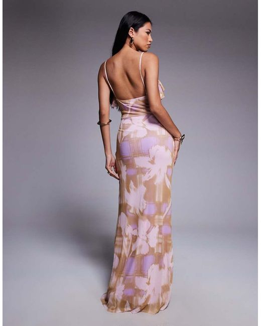 ASOS Multicolor Printed Mesh Ruffle Maxi Dress With Ruched Detail