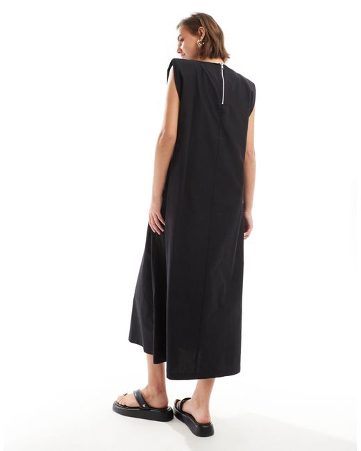 ASOS Black Cotton Shapeless Midi Dress With Shoulder Pads