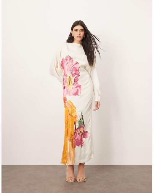 ARRANGE Pink Embroidered Floral Long Sleeve Open Back Maxi Dress With Fringe