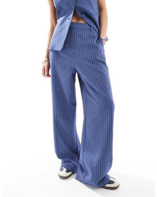 New Look Gestreepte Broek Met Wijde Pijpen En Denimlook in het Blue