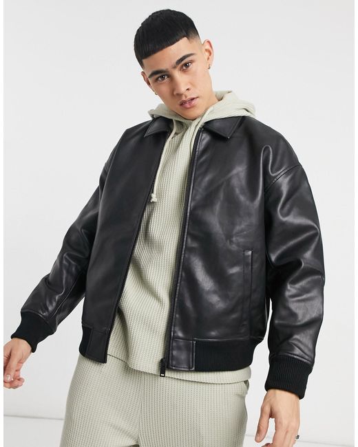 Bershka Black Oversized Faux Leather Bomber for men