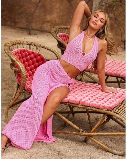 Kulani Kinis Pink Knit Halter Crop Top With Ring Detail