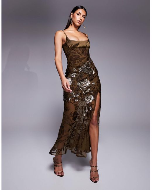 ASOS Embellished Burnout Double Strap Maxi Dress With Thigh Split in Brown  | Lyst